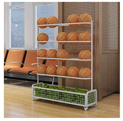 MYVVKIA Sports Ball Storage Stand 5 Tier Rolling Sports Ball Storage Cart on Wheels, Floor Standing Commercial Basketball Soccer Tennis Ball Equipment Organizers Rack Holder, La