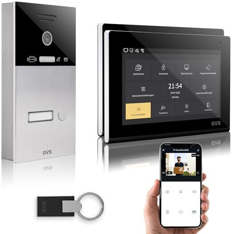 GVS - IP Video Türsprechanlage mit Türöffner, RFID Zugang, HD Kamera, 2X 7 Zoll Monitor & App - Smarte Video Türklingel mit Kamera & Gegensprechanlage für 1 Familienhaus (AVS4085A)