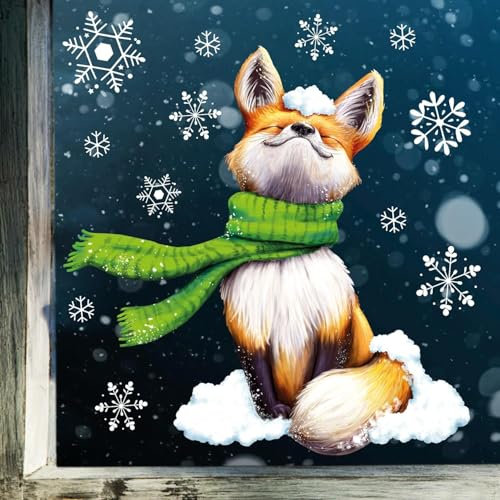 Wandtattoo Loft Fensterbilder Weihnachten mit Fuchs und Schneeflocken – Wiederverwendbar – A3 Bogen, 43 Sticker – Weihnachstdeko Fenster Kinderzimmer, Weihnachtsbilder Fenster, Fensterbild Winter