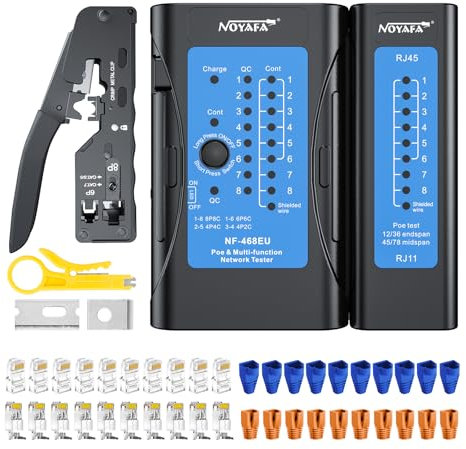 NOYAFA Testeur de câbles réseau, mapper, testeur POE, testeur de continuité de câble Ethernet RJ45/RJ11/CAT5/CAT6/CAT5E/CAT6A, ligne téléphonique CAT3 (NF-468EU-kit)