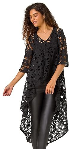 Roman Originals Lace Detail HighLow Hem Button Blouse for Women UK - Ladies Everyday Autumn Winter V-Neckline Comfy Soft Evening Vacation Work Party Night Out - Black - Size 20