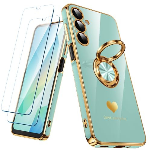 Nonional for Samsung Galaxy A16 5G/4G Case with 2 Pack Screen Protector, 360° Rotatable Ring Holder [Luxury Hearts Pattern] Plating Gold Edge Slim Soft Phone Cover Case for Galaxy A16 - Mint