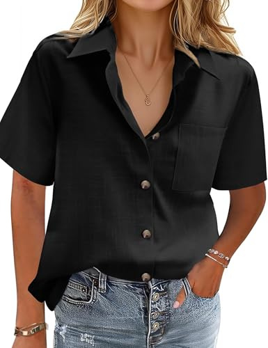 Zeagoo Women's Blouses 100% Cotton Short Sleeve Shirts Button Down Casual Blouse for Ladies Black L