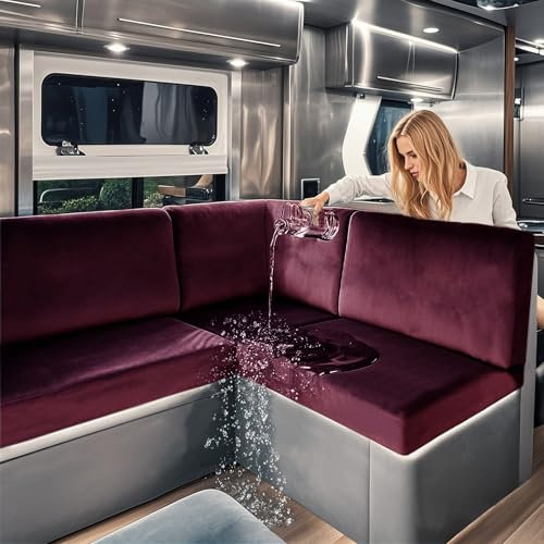SYLC Wasserdicht Samt Bezüge Für Wohnwagenpolster, rutschfest Ersatzbezug Für Wohnwagen Polster Mit Gummiband Und Schnürung Sofa Sitzkissenbezug (Wine red,W 100-130 cm, D 45-55 cm)