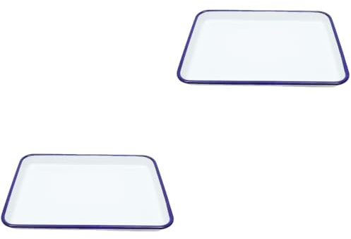 Zerodeko 2PCS White Enamel Baking Sheet Pan, Enamelware Roasting Pan with Blue Rim Rectangular Serving Tray, Butcher Cookie Tray Dish for Home Kitchen