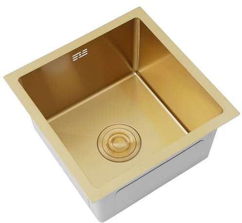 Fregadero Pequeño Dorado Acero Inoxidable,Para Cocina, Minibar Y Lavado De Verduras,Montaje Superior/Inferior,Incluye Kit De Drenaje Y Antisalpicaduras(B,38x38x21cm)