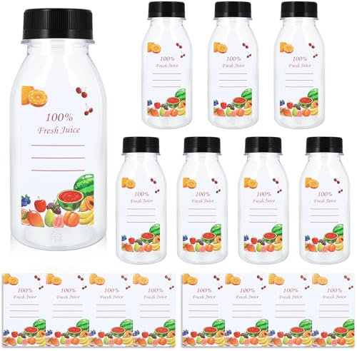 FORETOGO 8 Pieza Botellas de Jugo de Plástico 200ml,Transparente Botes Pequeños de Plastico con Tapa Negra y 8 Pegatinas,Reutilizable Mini Botellas para Guardar Zumos,Agua y Bebidas