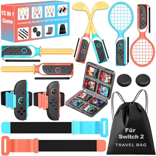 15 in 1 Switch 2 Sport Zubehör Set für Nintendo Switch 2, Familienparty Paket Sportspiele Zubehör, Aufbewahrung für Switch 2 Sport Spiel Organizer, 15 Stück(nur für Switch 2)