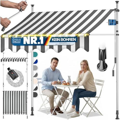 KESSER® Klemmmarkise mit Handkurbel & LED Lichterkette | Balkonmarkise ohne Bohren | Markise UV-beständig höhenverstellbar & wasserabweisend | Sonnenschutz für Balkon Terrasse & Garten 400cm