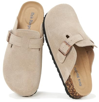 Meik Mangni Wildleder Clogs für Damen Herren Komfort Kartoffel Schuhe mit Arch Support Frauen aus Leder rutschfest Pantoletten mit Weiches Kork Fußbett,Beige,Gr.47 EU