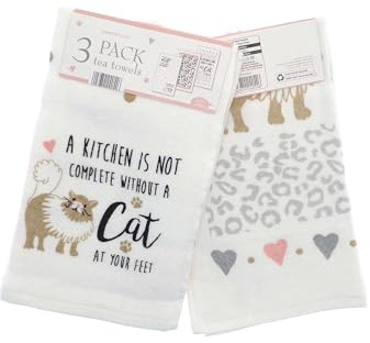 COUNTRY CLUB 100% Cotton Pack of 3 Cat at your Feet Design Velour Kitchen Tea Towels