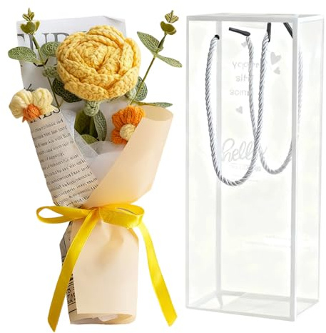 InteDesign Bouquet di fiori all'uncinetto, rose gialle per donne, compleanno, decorazione per la casa, festa della mamma, San Valentino, anniversario, laurea, regalo di nozze