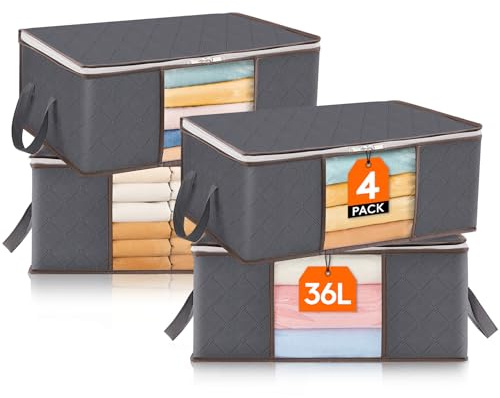 Lifewit 4 Stück Aufbewahrungsbeutel 35L mit Sichtfenster, Faltbare Unterbettkommoden für Kleidung & Bettdecken (Grau)