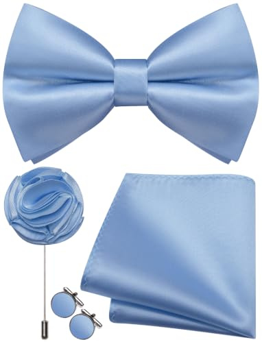 Ailisus Einfarbig Fliege Herren Vorgebunden Satin Fliege und Einstecktuch mit Ansteckblume Manschettenknöpfe Set für Hochzeit