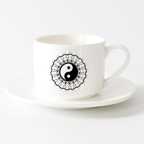 Keramik-Trinkgeschirr für Zuhause Mandala Yin Yang Zen Home Room （6oz/175ml） Spülmaschinenfest, mikrowellengeeignet, für Büro und Zuhause Teeservice mit Tasse und Untertasse (weiß)