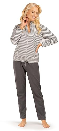 Consult-Tex Damen Langarm Hausanzug aus 100% Baumwolle-Fleece Qualität. Oberteil mit Reißverschlus und abgesteppten Bündchen. Hose mit dehnbarem Bund und Kordelzug. Attraktives Ringel-Dessin