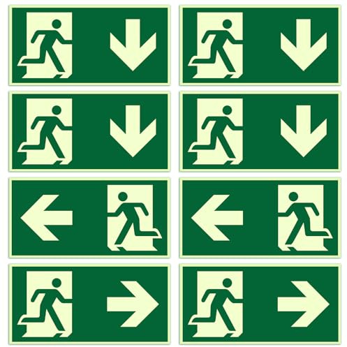 8 Pezzi Cartelli Uscita di Emergenza Luminosi Fotoluminescenti, Segnaletica Adesiva con Frecce Sinistra, Destra e Giù - Adesivi PVC per Interno/Esterno (30x15 cm) (Stile 3)