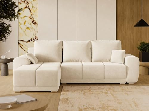 GRAINGOLD Monti Ecksofa mit Schlaffunktion und Bettfunktion, 290x188 cm, L-Form Sofa, Schlafcouch für Wohnzimmer, Veloursstoff, 3-Sitzer Eckcouch, Ecksofa mit Stauraum (Beige, Links)