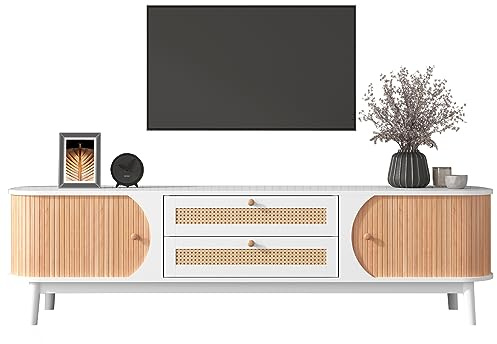Homgoday Soporte para TV de Ratán con Puertas y Cajones, Mueble para TV de Madera Maciza, 170x46x39.5 cm, Estante para Televisor con Almacenamiento, Mueble Rústico para Sala de Estar
