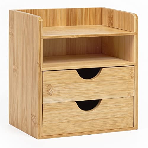 woodluv Desktop Organiser With 2 Drawers, Mini Shelf Storage Box, Drawer Storage For Home Workspace Office Supplies, 19.4 (L) x 13 (W) x 21 (H)