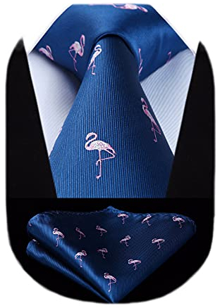 HISDERN Marineblau Krawatte für Herren Flamingo Hochzeit Taschentuch Business Klassisch Krawatte und Einstecktuch Set