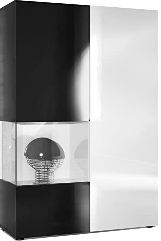 Vladon Vitrine Kommode Hochschrank Morena, Made in Germany, Korpus in Schwarz matt/Rechte Tür und der Einsatz in Weiß Hochglanz
