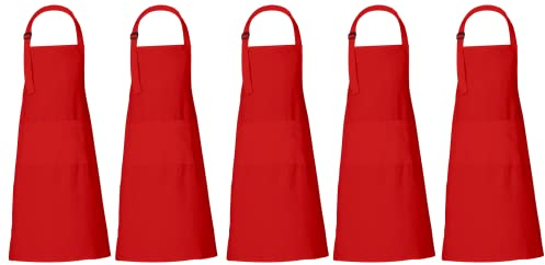 RAJRANG Rot Reiner Baumwolle Schürze - 5 Stk Fachmann Latzschürze mit 3 Taschen Kochschürze für Restaurant Männer und Frauen 69 x 89 cm