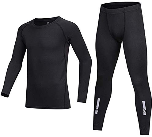 BUYKUD Kids' Girls Boys Long Sleeve Athletic Base Layer Compression Underwear Shirt & Tights Set Unisex, Black, Label Size: 28