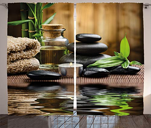 ABAKUHAUS Spa Rustikaler Gardine, Asiatische Zen-Massage-Steine, Schlafzimmer Kräuselband Vorhang mit Schlaufen und Haken, 280 x 175 cm, Weiß Schwarz und Braun