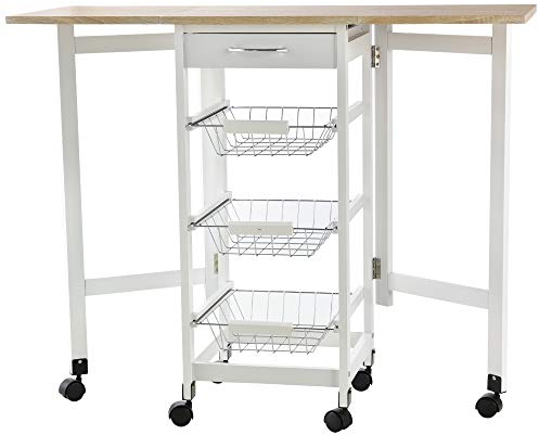 HOMCOM Drop-Leaf Kitchen Cart Trolley w/ 3 Baskets Drawer Surface Top 6 Universal Wheels Rolling Storage Unit Kitchen Home Dining Island White Oak Tone