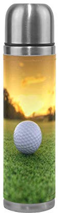 BKEOY Mug de voyage isotherme en acier inoxydable à double paroi anti-fuite avec inscription Sunset Vert Golf Golf Golf Golf personnalisé Imprimé personnalisé en cuir véritable 500 ml
