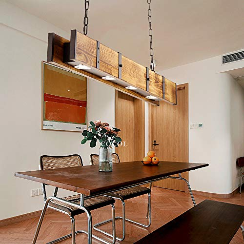 COCOL Retro Hängelampe Industrie Pendelleuchte Scheinwerfer Höhenverstellbare Pendellampe Eisen Massivholz Material Esszimmer Küche Wohnzimmer Beleuchtung Kronleuchter Deckenlampe L100cm