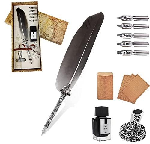 AOMAYLL Federstift Tinte Set,Vintage Dip Pen,schreibfeder Kalligraphiestift-mit 5 Federn und schwarzer Tinte, Perfekt für Kalligraphie Anfänger (Mit Tinte) (Grau)