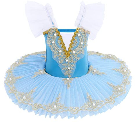 M�dchen Ballettkleid Tutu-Rock, Gymnastik-Tanzkleid und Eiskunstlauf-Trikot, einfarbig Kurze �rmel mit T�ll-Latein-Ballettrock Ballettkleid M�dchen Tanzkost�m Gymnastik Trikot Tanz Hellblau 7-8 Jahre