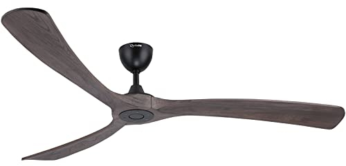 Ventilador de techo con alas de madera sin iluminación, incluye mando a distancia (6 velocidades), resistente al agua IP44, motor DC de bajo consumo, muy silencioso, 183 cm, color marrón y negro