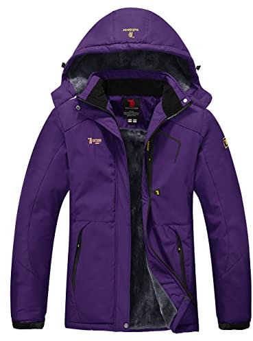 YSENTO Damen Winterjacke Wasserdicht Skijacke Outdoor Softshelljacke Warm Fleecejacke Funktionsjacke mit Abnehmbarer Kapuze(Lila,L)
