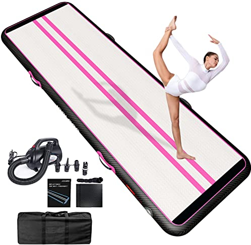 JOOLOOG Luft-Tumble-Matte 6 m aufblasbare Gymnastik-Tumbling-Matte 20 cm dicke Matten für den Heimgebrauch, Fitnessstudio, Yoga, Training, Cheerleading, Outdoor mit 650W Luftpumpe, Rosa/Schwarz