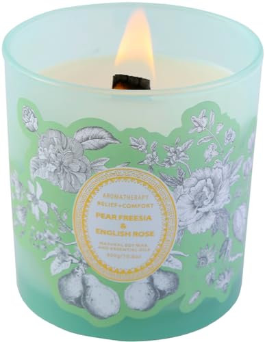 Pear Freesia English Rose Candle Wood Wick | Soy Scented Candles Long Lasting | Refreshing Fruity and Floral Scent | Aromatherapy Stress Relief Candle for Home | 10.6 oz Big Candles for Women & Men