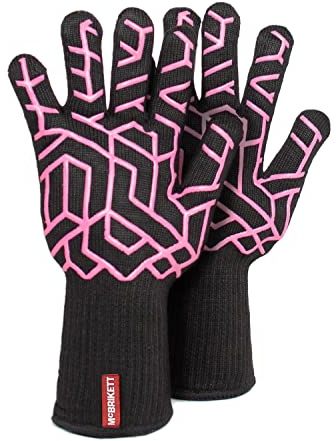 McBrikett feuerfeste BBQ Grillhandschuhe, hitzebeständige Ofenhandschuhe bis 500°C, Schwarz-Pink, Damen