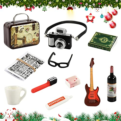 EKKONG 11Stück Miniatur Zubehör, Miniatur Wichtel Zubehör, Miniatur Puppenhaus Set, Bücher Kamera Gitarre Brille Zeitung Weinflasche Koffer Zahnpasta Zahnbürste Tasse Seife, Puppenhaus Zubehör