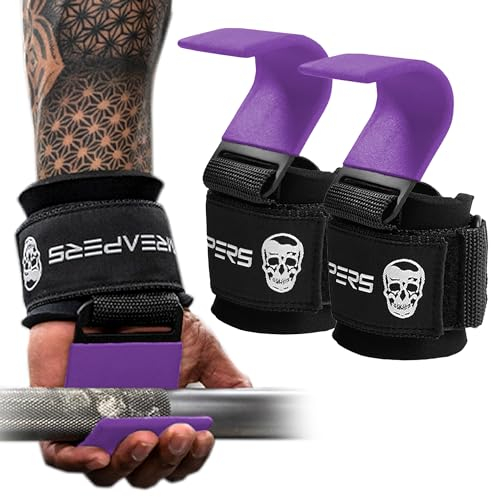 Gymreapers Coppia di ganci per sollevamento pesi, resistenti cinghie da polso, supporto per stacchi, trazioni alla salita, coprispalle – guanti da palestra per uomini e donne (viola)