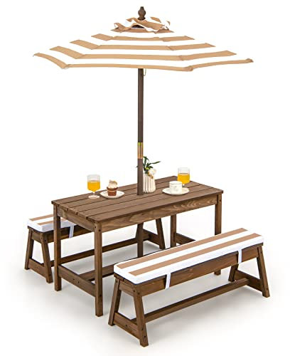 GOPLUS Table Enfant Extérieur avec Banc, Table Pique-Nique Enfant en Bois avec Parasol Hauteur Réglable, Salon de Jardin pour 1-4 Enfants, pour Terrasse, Patio, Balcon (Marron)