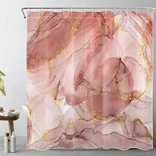 LB Rosa Marmor Duschvorhang 180x180cm Gold gestreift Antischimmel Wasserdicht Badezimmer Vorhänge, Abstrakt Minimalistisch Polyester Stoff Bad Vorhang mit Haken