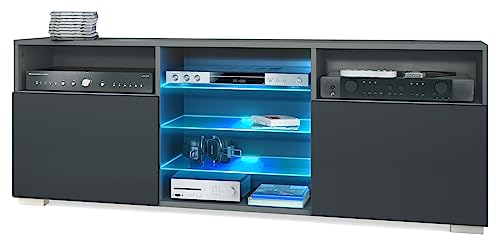 Vladon TV-Board Granada, Lowboard mit 2 Türen und 6 offenen Fächern, Korpus Anthrazit matt, Fronten in Schwarz matt mit RGB LED-Beleuchtung (146 x 54 x 35 cm)
