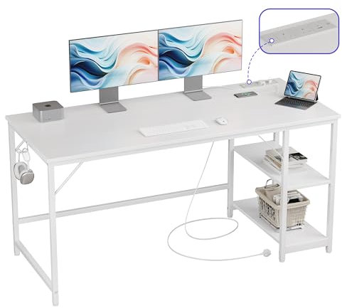 JOISCOPE Computer Desk, 152cm Office Desk with Power Outlets, USB & Type-C and 2 Shelves, Modern White Desk with Hook, Study Table for Writing, Wooden Desk for Bedroom Home Office, White