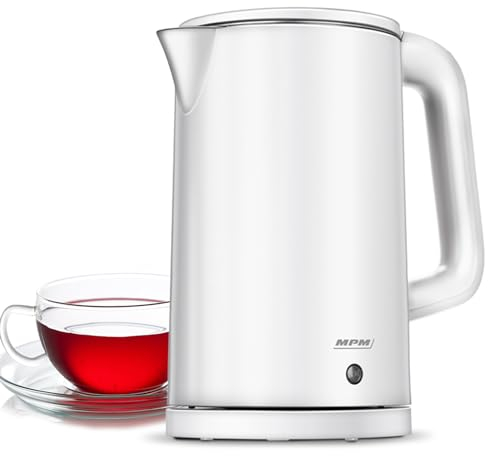 MPM - MCZ-105 - Elektrischer Wasserkocher - 1,7 L Kessel - Innenkanne aus Edelstahl - Gehäuse aus Plastik - Doppelwandig - Automatische Deckel - Leise - Kabellos - Elektrisch - Rund - Weiß