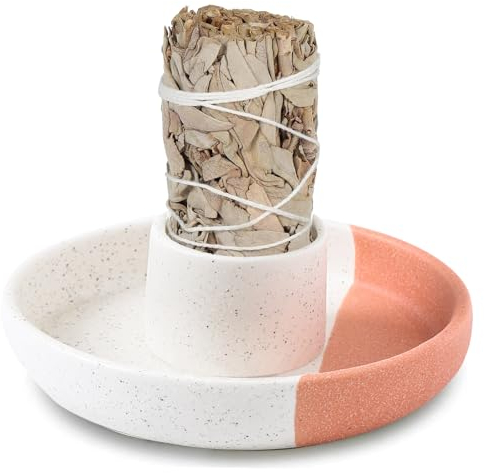 Quemador de salvia, soporte de incienso de cerámica, bandeja de manchas para palo santo, salvia blanca, quemador de incienso, velas, cuenco de salvia, plato para manchas y oferta