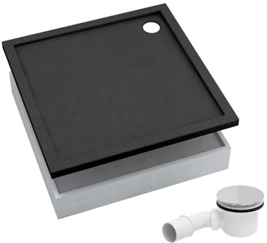 AQUABAD Duschwanne/Duschtasse | Komplettset Basic Black Stone 80x80cm Quadrat | inkl. Styroporträger und Marken-Siphon 90mm mit Chromdeckel | (Gesamthöhe inkl. Träger 16 cm) zum Befliesen