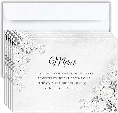 Lot de 75 Cartes + 75 Enveloppe Blanches - Cartes Remerciement Deuil - Condoléances Décès Obsèques ou Enterrement - Papier Mat de Qualité Format Carte Postale (14,8 X 10,5 cm) - Design Sobre & Élégant