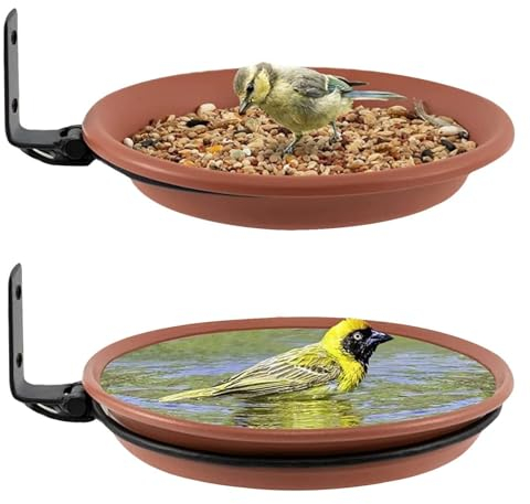 Renyigou 2 Piece Wall Mounted Bird Feeder Hanging Bird Feeders Tray for Garden Bird Feeder Stand Bird Baths Free Standing Installed on Trees Fence Outdoor Walls (Metal & plastic trays)
